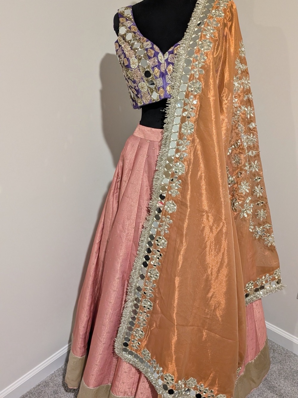 Pink and Peach Mirrorwork Lehenga Set - Women's Festive Wear - Picture 3 of 6